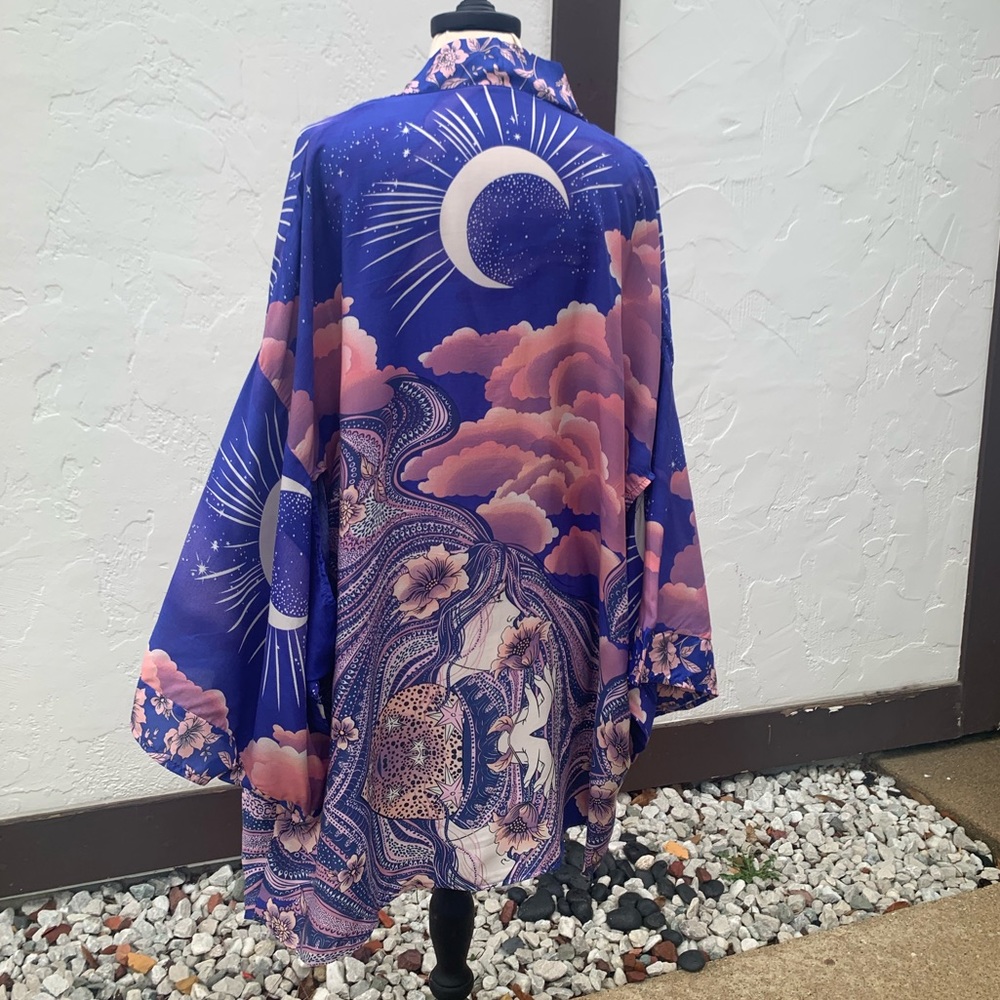 New Bohemian Moon & Stars Mixed Floral Print Kimono Cardigan Jacket Robe - Picture 16 of 17